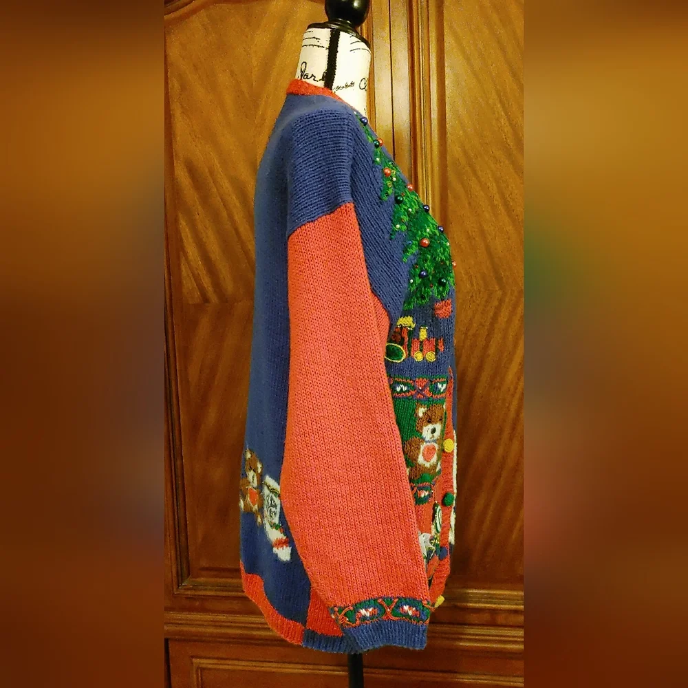 Marisa Christina Christmas sweater, red, royal blue, green, size PP - Picture 5 of 6